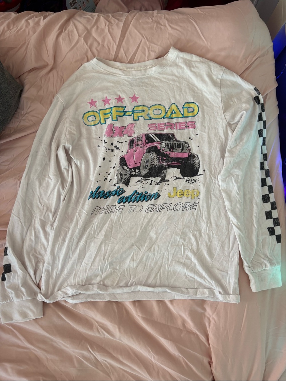 Jeep White Long Sleeve Tee with Pink Off-Road Graphic
